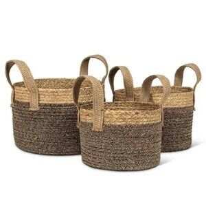 (Set of x3) Round Handled Baskets - Jute/Cotton Baskets for Linens / Plants